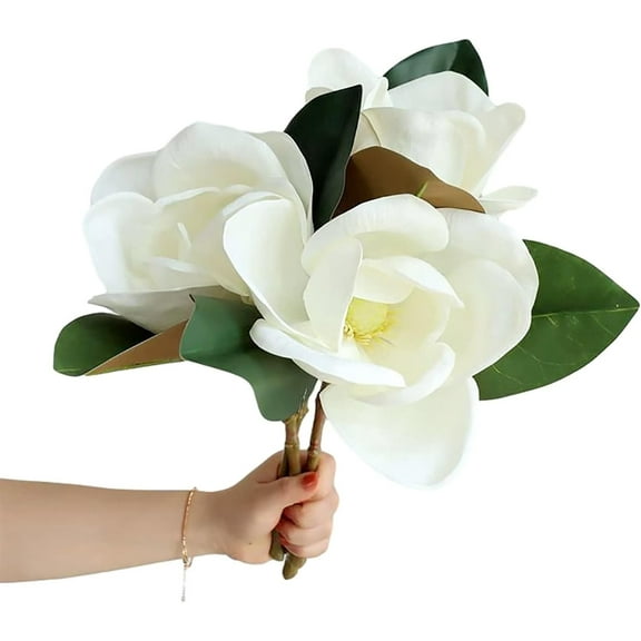 ABPETE 3Pcs Artificial Magnolia Flowers, Faux White Magnolia Real Touch Silk Flowers Large Flower Head Magnolia Bouquet for Home Office Wedding Holidays Party Decor