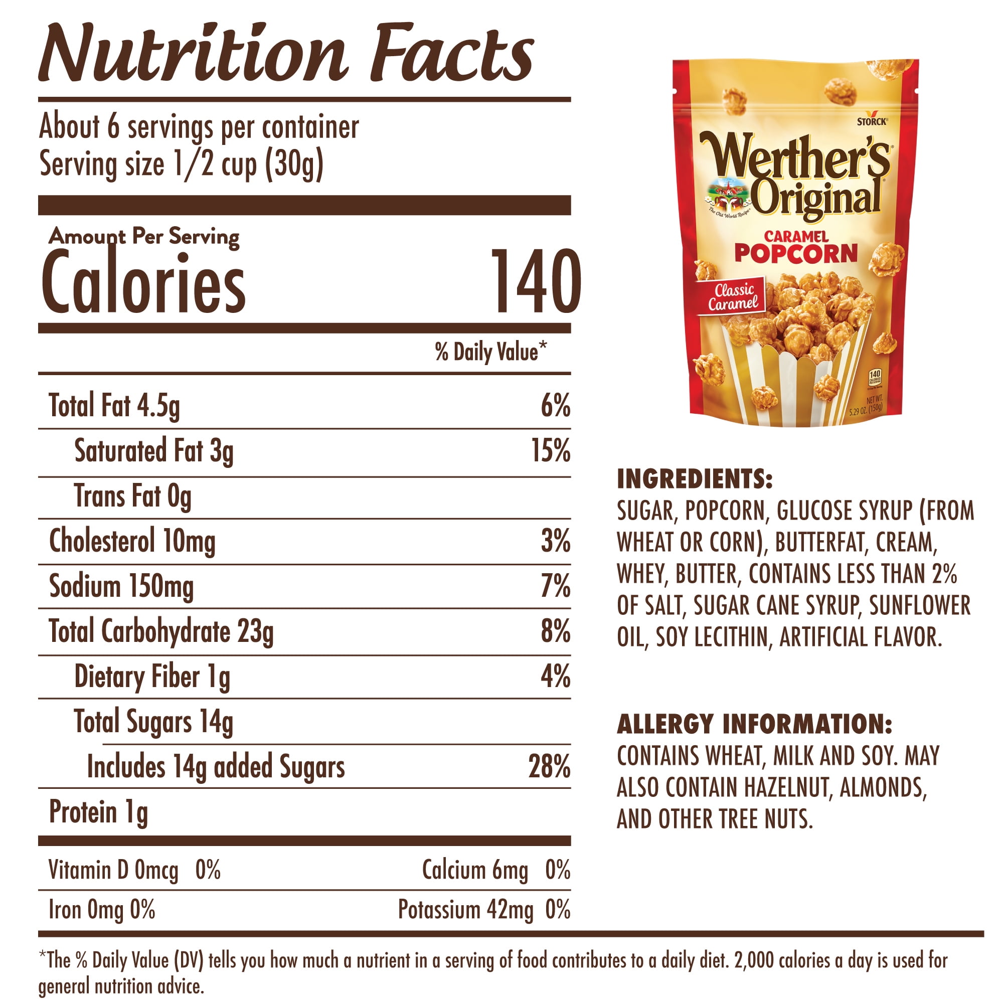 Werther's Original Caramel Popcorn, Classic Caramel, 5.29 oz-4pk, With Olive Green Bowl By ValueNest