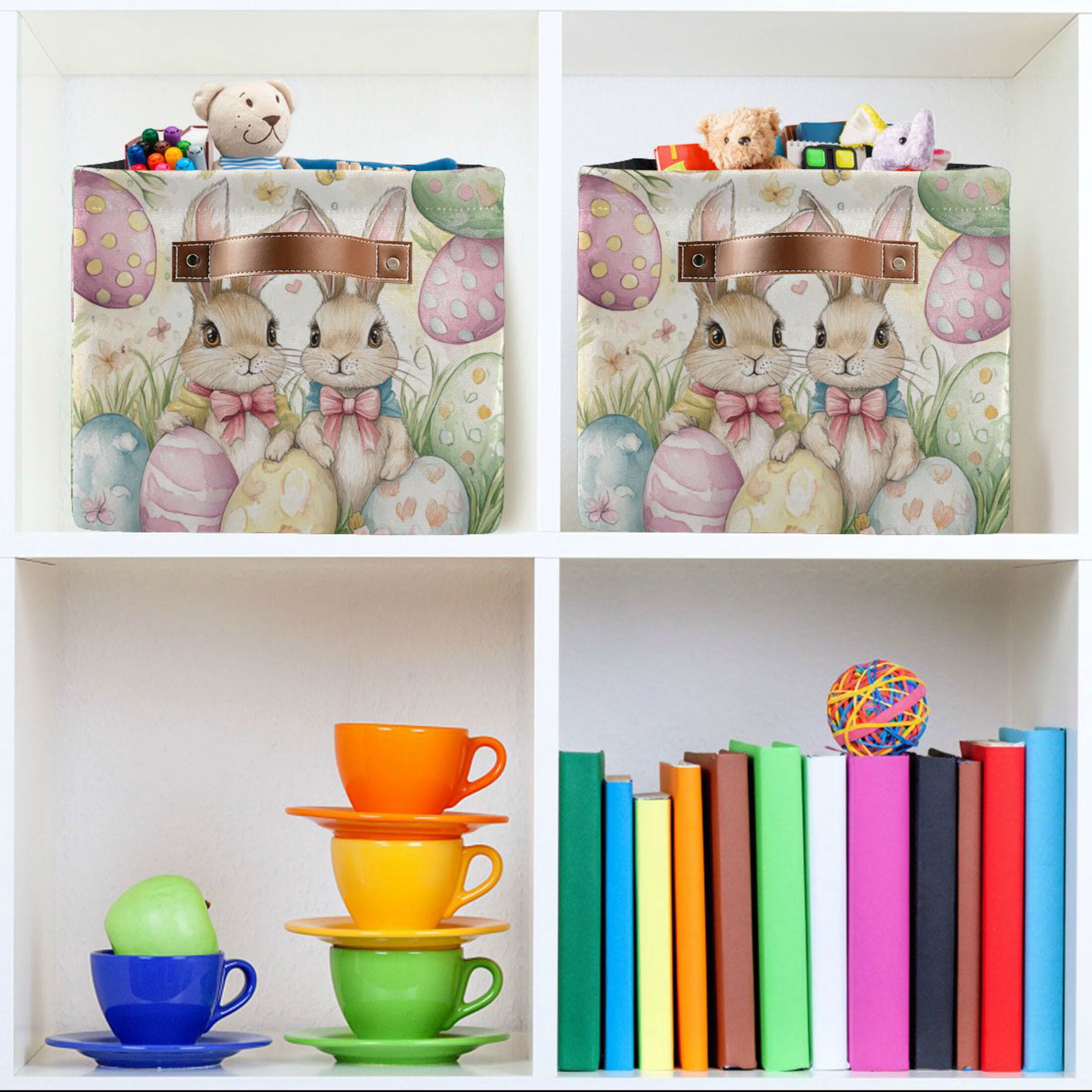Storage Bins with Handle Fabric Organizer Basket Foldable Box 1 Pack Cute Bunnies and Easter Eggs 14.2x10.2x8.3