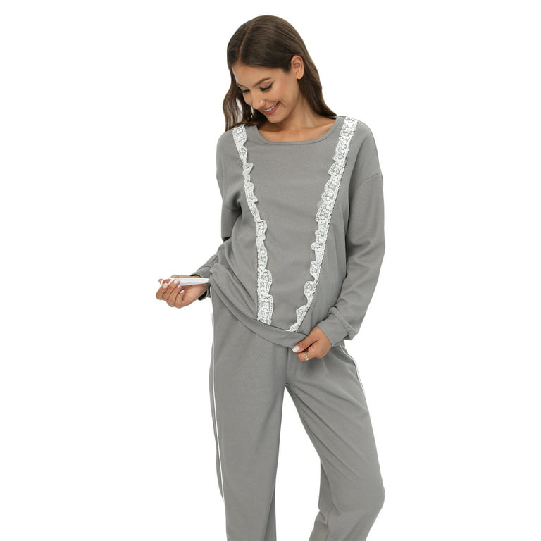 Maternity Long Sleeve Nursing Pajama Set Side Zipper Breastfeeding  Sleepwear with Jogger Pants 2 Piece Waffle Loungewear Set for Pregnant  Woman, S-2XL