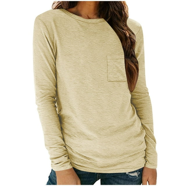 Timegard Long Sleeve Tops for Women Round Neck Causal Tunic T Shirts Comfy Solid Color Basic Tops