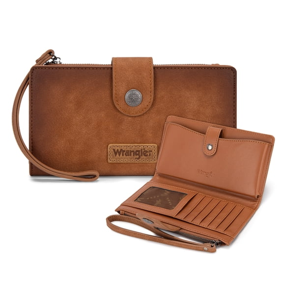 Wrangler Wallets Women Small Wristlet Wallets, Card Cases & Money Organizers Wallet Bifold with Phone Pocket and Rfid Lining, Brown