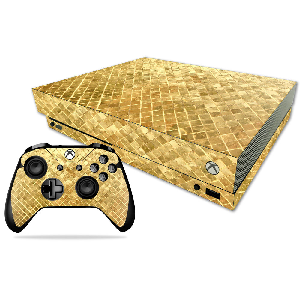Skin Decal Wrap for Microsoft Xbox One X Gold Tiles