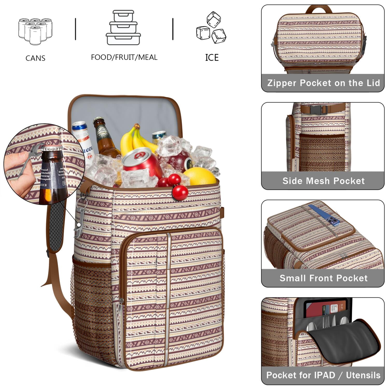 Travel Cooler Bag - Boho Bohemia Pioneer Flower Geometric Line Art Camping Beer Cooler Backpack with Bottle Opener- Waterproof Insulated Picnic Backpacks - Cooler Bag for Beach