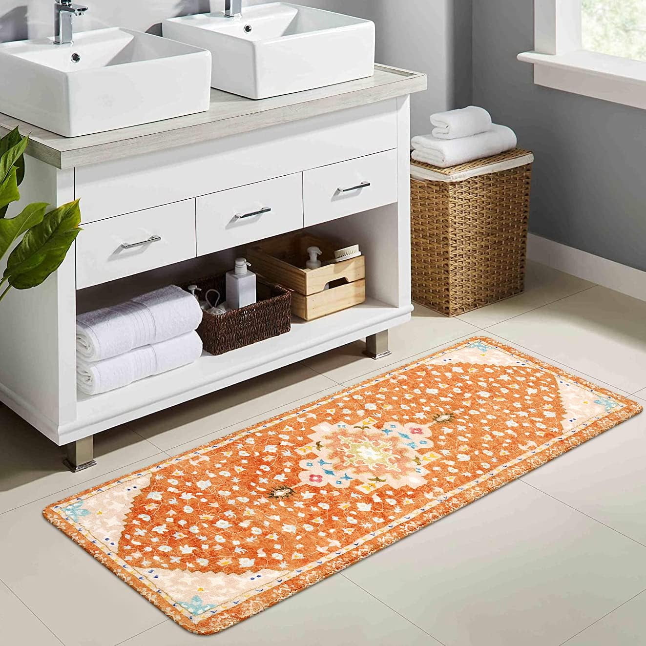 Boho Tribal Bathroom Runner Rug Orange Cute Floral Bath Mat Non-Slip Machine Washable Long Bathroom Rugs Soft Velvet Oriental Persian Farmhouse Bath Rug for Sink Shower Doormat Tub, 18x47 inch