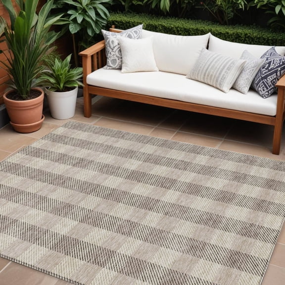 HomeRoots 595461 9 x 12 ft. Beige & Brown Plaid Washable Indoor & Outdoor Rectangle Area Rug
