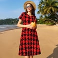 thumbnail image 4 of Picia Retro red and Black Houndstooth Pattern Women's Short Sleeve Summer Dress Pleated Loose Swing Knee Length Short Sleeve Swing Dresses, 4 of 6