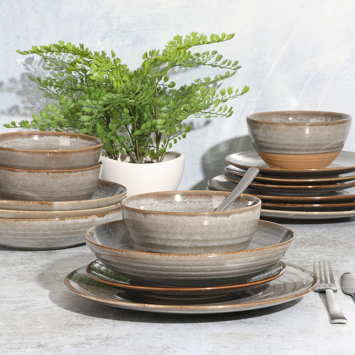 Gibson Elite Dreamweaver 16-Piece Terracotta Reactive Glaze Dinnerware Set - Grey