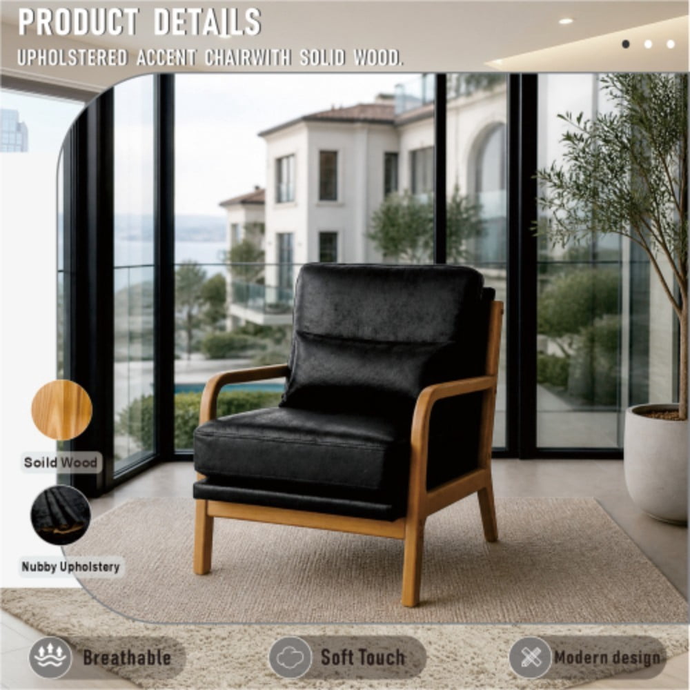 Wooden Lounge Chair, Modern Upholstered Accent Chair with Solid Wood Armrests, High-Density Foam Cushion, Reclined Backrest for Living Room, Bedroom & Office, Black