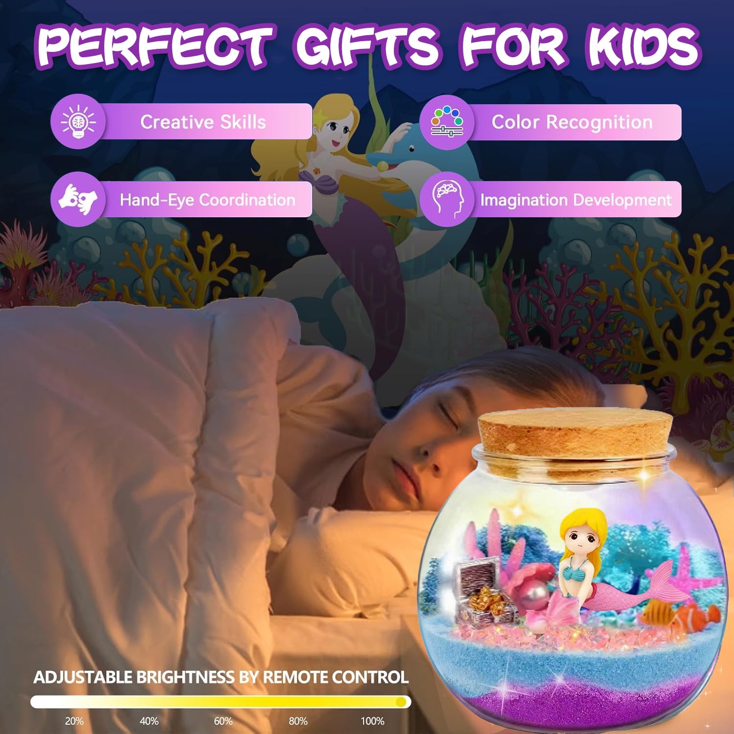 LINXUXIE Mermaid Terrarium Craft Kit for Kids, DIY Arts Set & Remote Mermaid, Birthday Gifts for 4 5 6 7 8 Year Old