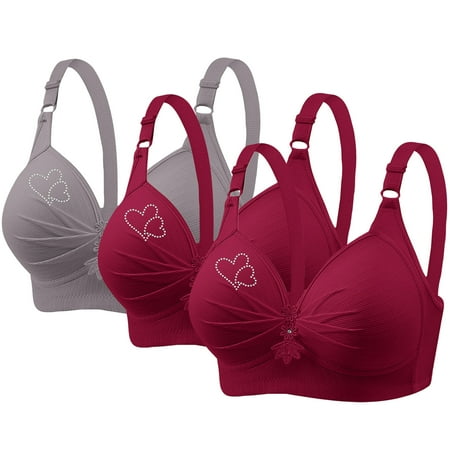 3 Pack Sports Bras for Women Comfortable V-Neck No Underwire Push up Bra with Adjustable Strap Breathable Soft Bras Woman s Rhinestone Printing Gathered Large Size Daily Bra Underwear Tops Gray XS