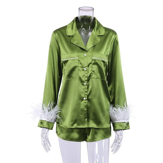 Conjunto de pijamas de 2 piezas para mujer, camisas de manga larga con puños de plumas lisas/de retazos, Tops + Pantalones cortos, ropa suelta para dormir/estar en casa