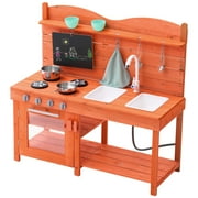 KFFKFF Children's Mud Kitchen, Playset Constructed from Wood, Outdoor Miniature Supermarket for Boys and Girls, Imaginative Play Kitchen Featuring Cooking Range, Sink, Tap, Chalkboard
