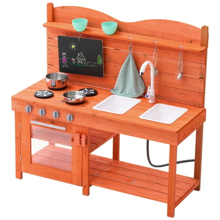 KFFKFF Children's Mud Kitchen, Playset Constructed from Wood, Outdoor Miniature Supermarket for Boys and Girls, Imaginative Play Kitchen Featuring Cooking Range, Sink, Tap, Chalkboard