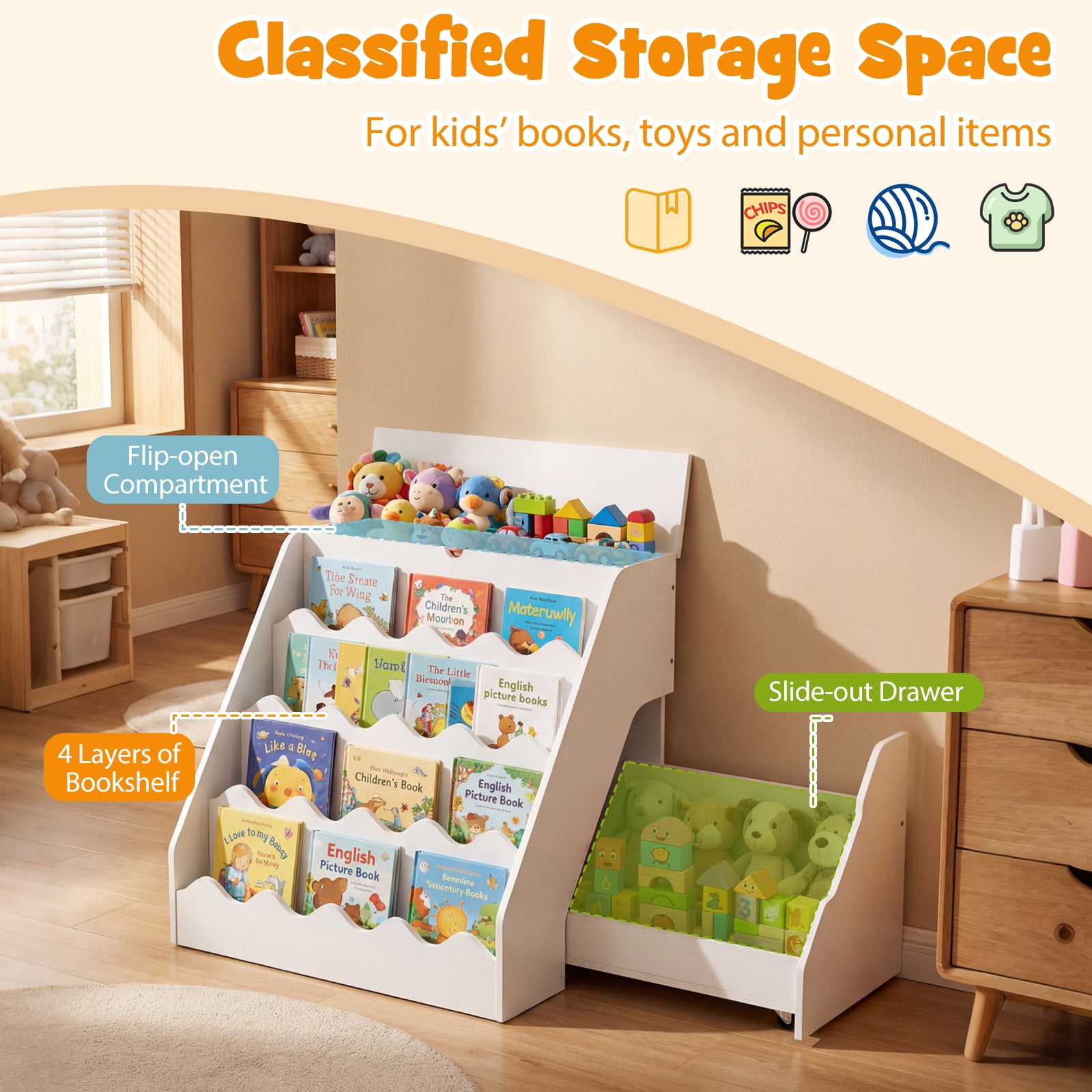 Costway Kids’ Bookshelf & Toy Storage Organizer with Rolling Drawer Cart, 4 Tier Book Shelf White