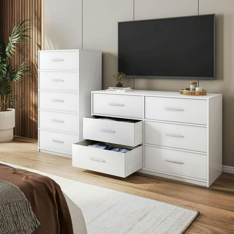Topcobe 5-Drawer Dresser with Generous Fabric Storage, Sleek White Bedroom Furniture Set for Cozy Living Spaces Topcobe 5-Drawer Dresser with Generous Fabric Storage, Sleek White Bedroom Furniture Set for Cozy Living Spaces