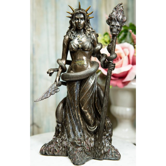Greek Goddess Underworld And Crossroads Hecate Holding Fire Skull Staff Statue