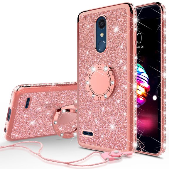 Compatible for LG Stylo 5 Case, LG Stylo 5 Plus Case, LG Q Stylus Case, SOGA Glitter Diamond Rhinestone TPU Phone Cover with Ring Stand and Lanyard Girls Women Cover (Rose Gold)