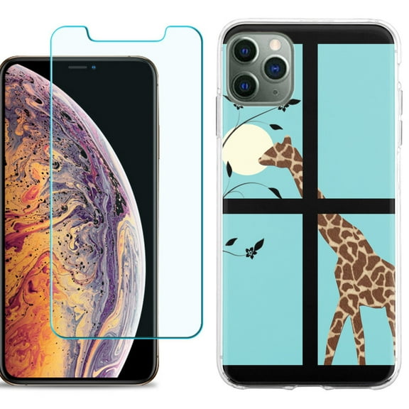 For Apple iPhone 11 Pro Max Phone Case , Slim-Fit TPU Case with Tempered Glass Screen Protector, by OneToughShield ® - Moon Giraffe