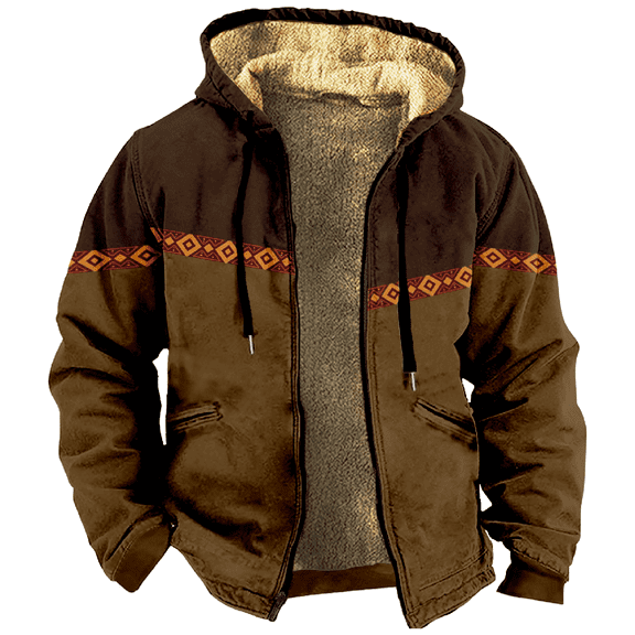 Men's Winter Print Hooded Jacket, Ethnic Pattern Fleece-Lined Thick Casual Zipper Coat for Outdoor Leisure and Holiday Gift,Brown,7XL