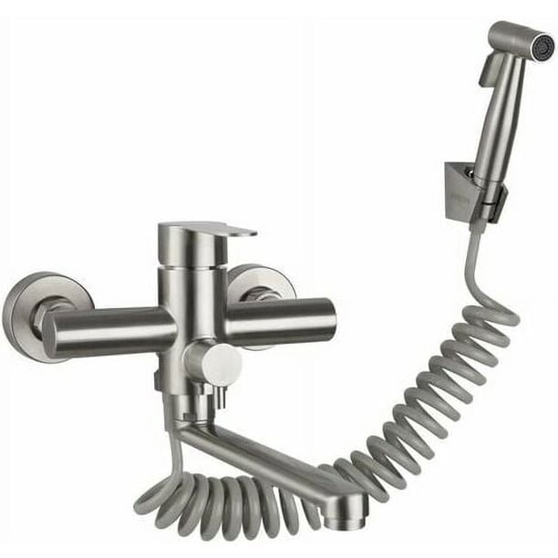 Grifo de cocina monomando de pared con ducha de mano y pistola rociadora, fregadero de cocina, grifo de acero inoxidable, agua fría y caliente, cuba de lavado, grifo de agua fría y caliente.