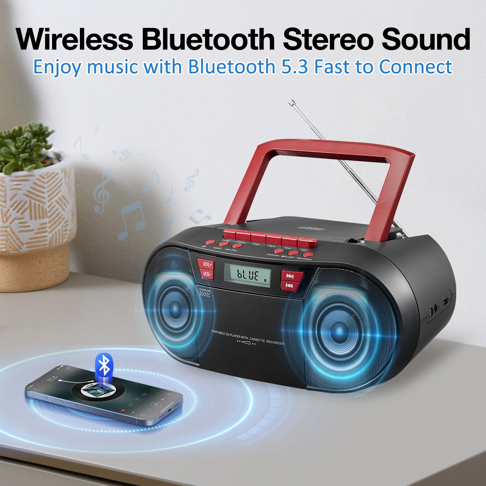 CD Player Boombox with Bluetooth and FM Radio,Stereo Sound with Remote Control and USB Port,3.5mm Aux Input and Headphone Jack.