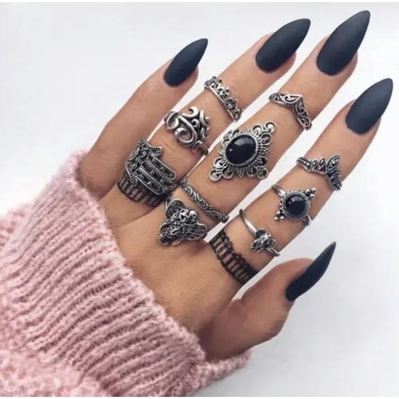 K-KED Women Fashion Delicate Jewelry Vintage Bohemian 10 Ring Set Silver Gothic