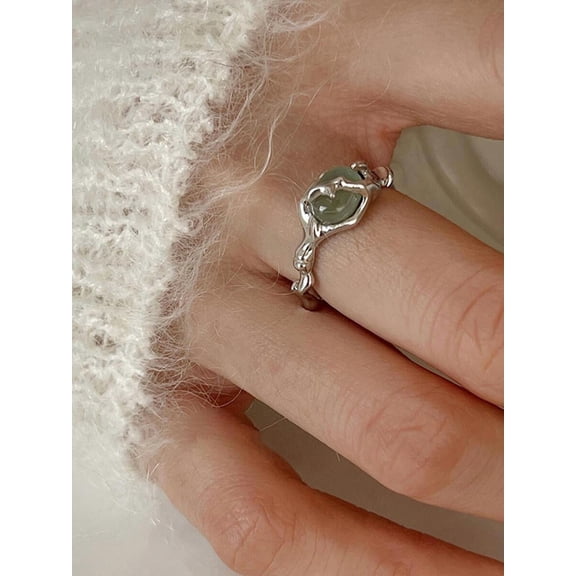 Silver Tone Open Cuff Ring With Green Oval Gemstone For Women