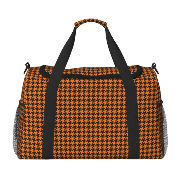 Balery Black And Orange Houndstooth Bolsa de Gimnasio para Mujeres, Bolsa de Viaje con Bolsillo Húmedo, Bolsa de Fin de Semana para Mujeres, Bolsa de Viaje Resistente al Agua