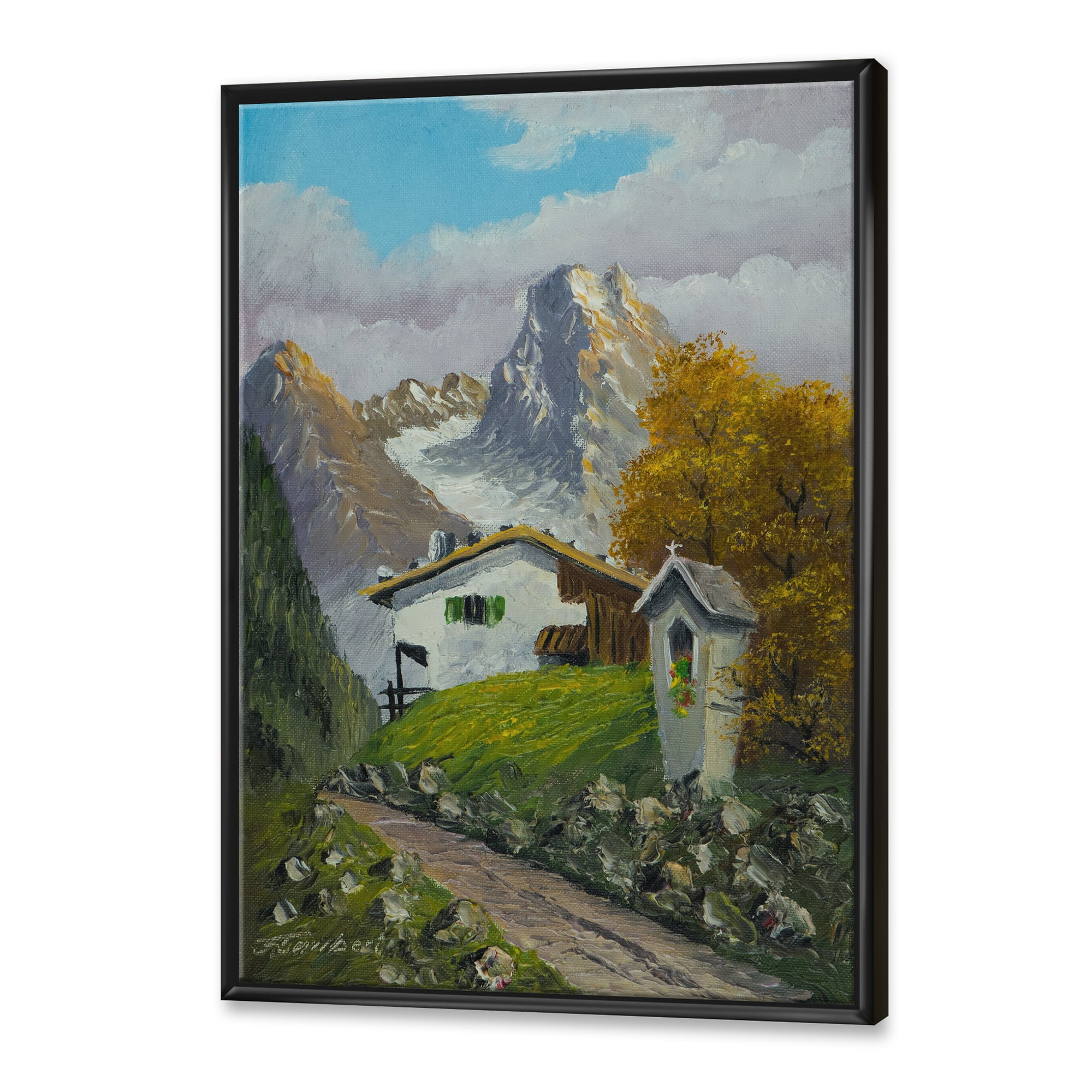 The Path Leading To A House Along Wayside Shrine 30 in x 40 in Framed Painting Canvas Art Print, by Designart