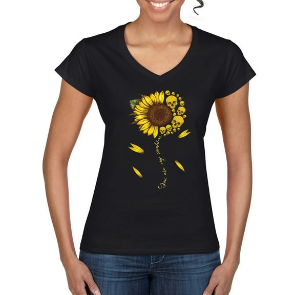 You Are My Sunshine Skull And Sunflower Inspirational/Christian Women's Standard V-Neck Tee, Black, Small