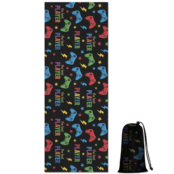 Multicolor Controllers Games Icons Black Pattern Hot Yoga Mat Towel Non Slip for Hot Yoga - Quick-Drying Yoga Mat Cover with 4 Corner Pockets with Travel Bag - Hot Yoga Towel Non Slip 70"x26"