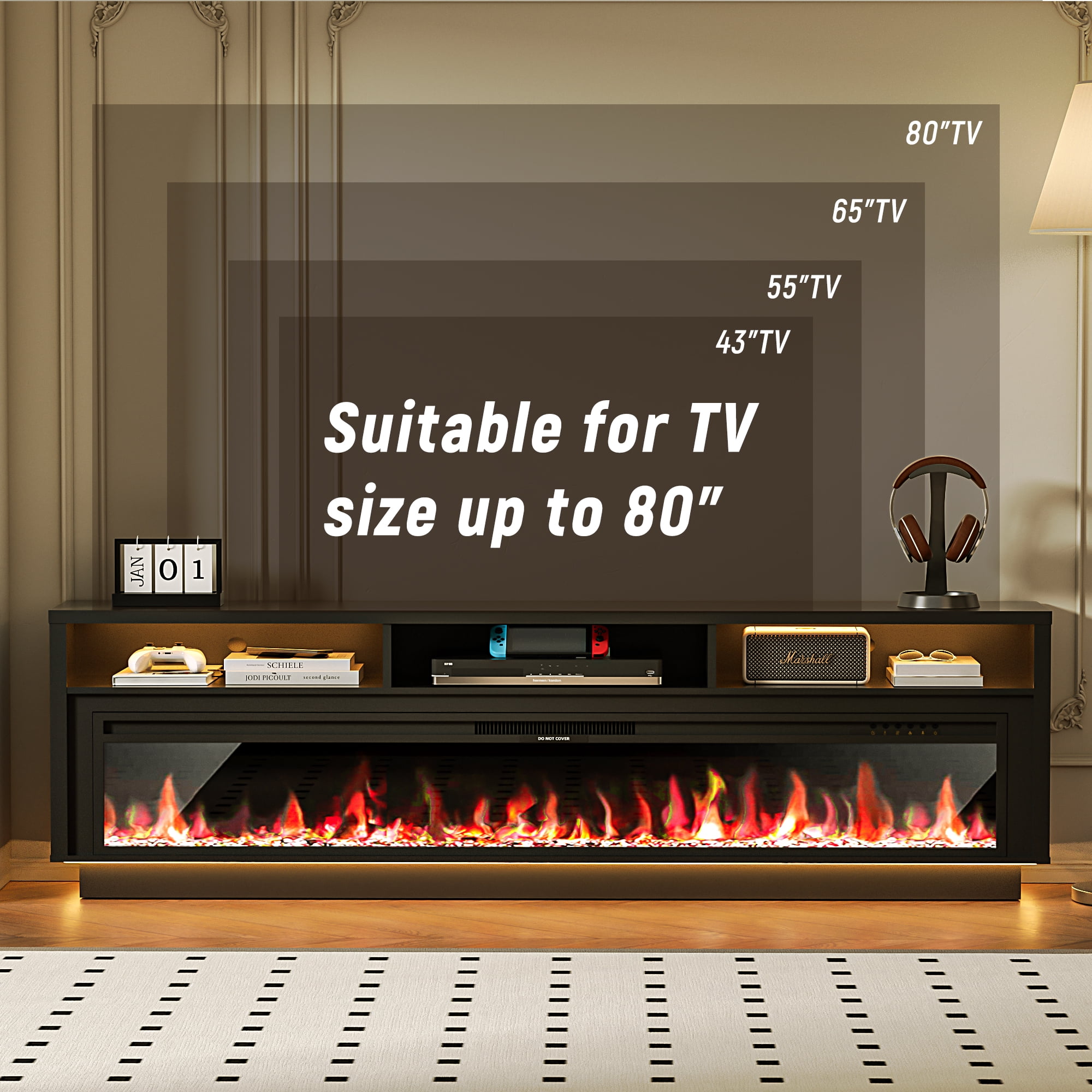 HARIPUL 70" Fireplace TV Stand for TVs Up to 80" with 64" Electric Fireplace, TV Console for The Living Room, LED Light Entertainment Center, Storage Cabinet, Media Console Table, Black
