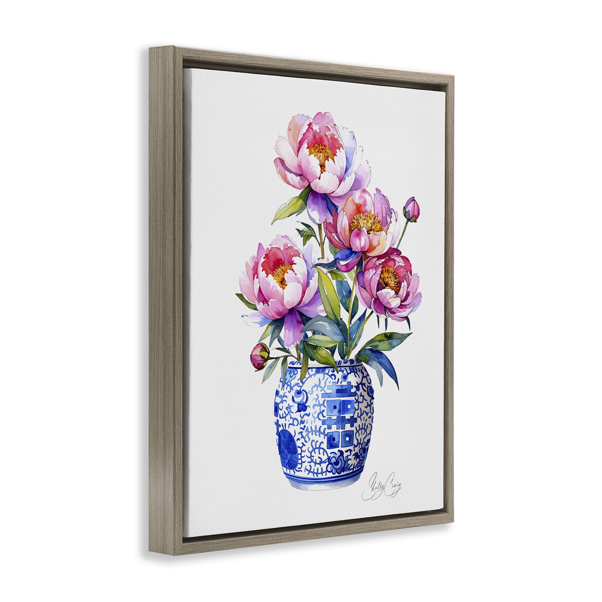 Stupell Industries Blue Dynasty Blooms Brown Framed Floater Canvas Wall Art, design by Shelly Craig
