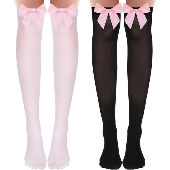 Monebena 2 Pairs Black Thigh High Socks with Bow, White Sheer Stockings with Pink Bow, Satin Bow Stockings Women Knee Highs Stockings for Girls, Over Knee Long Stockings with Pink Bows M01