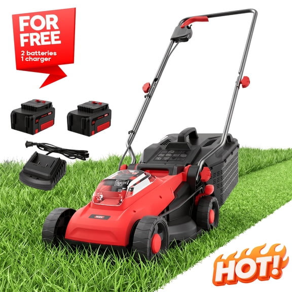 MZK 20V 14" 2-in-1 Brushless Push Cordless Lawn Mower with 5 Height Settings, Includes 2 Batteries & Charger