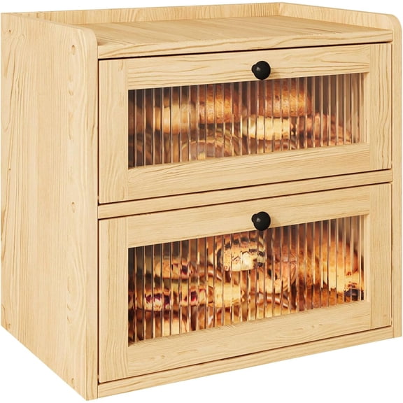 Double Layer Large Bread Box for Kitchen Counter, Wooden Corner Bread Storage Container with Acrylic Window, Original