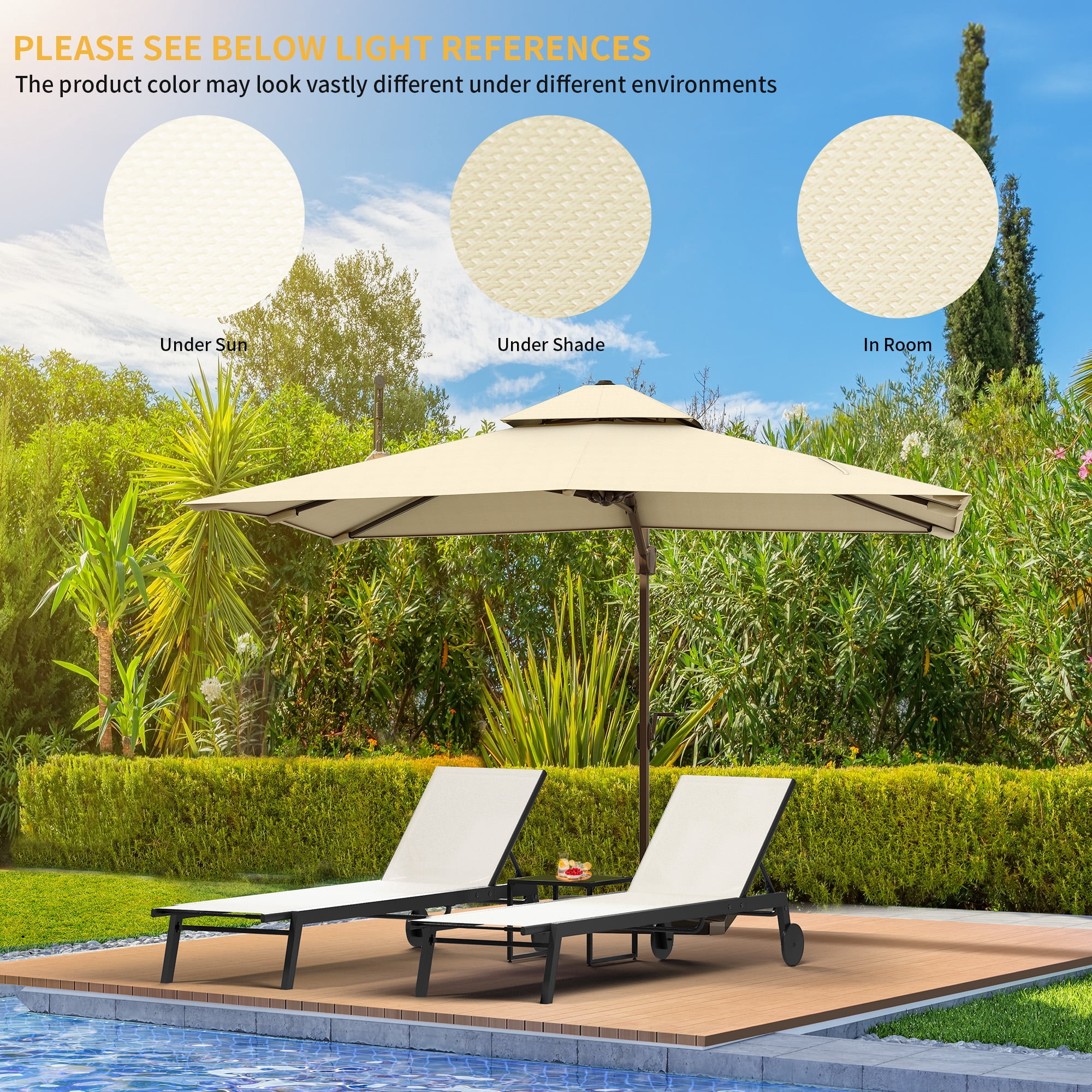 Uforic 3pcs Outdoor Chaise Lounge Set, 2 Adjustable Loungers with Side Table, Wheels, Beige