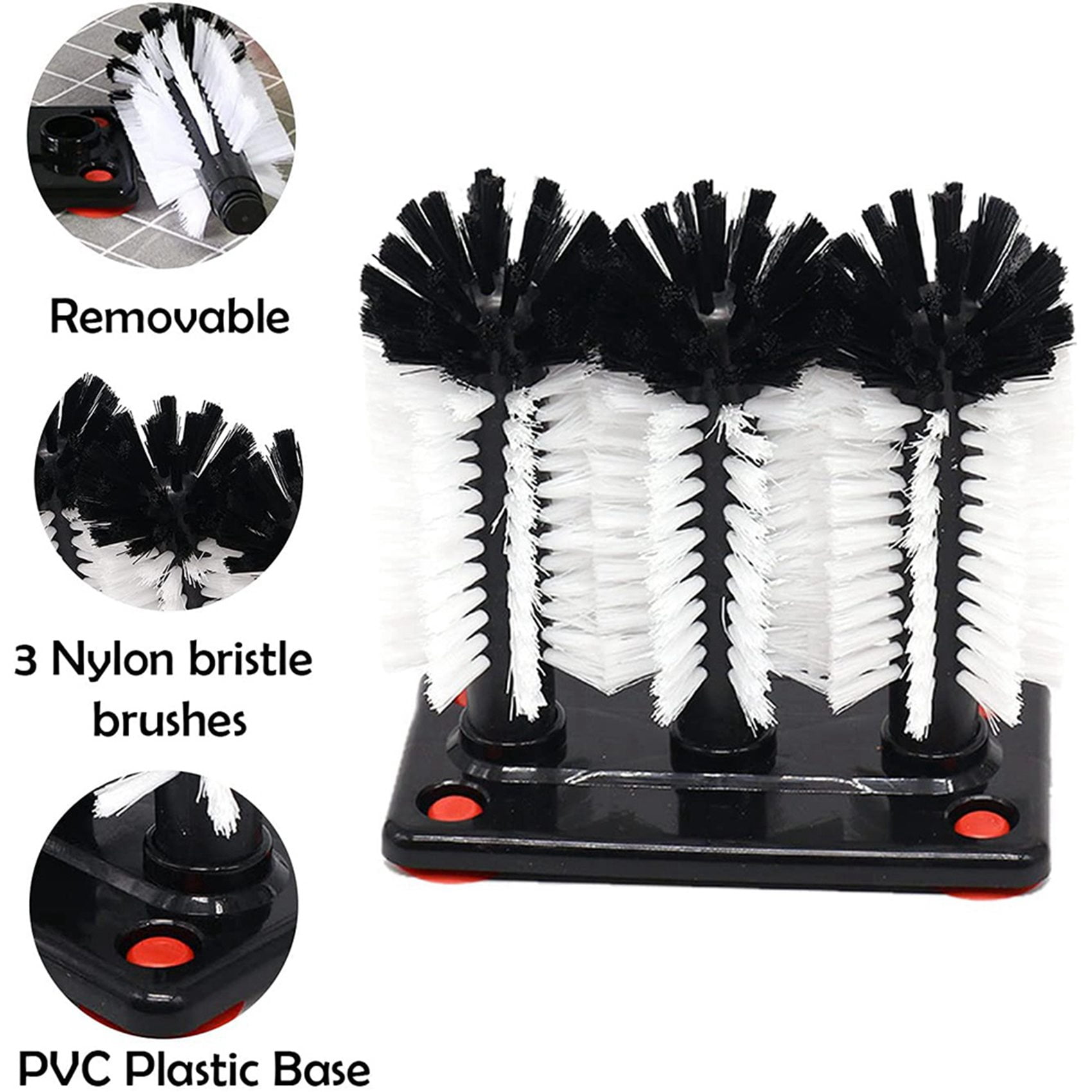 2X Water Bottle Cleaning Brush Glass Cup Washer with Suction Base 3 Head Bristle Brush for Beer Cup, Long Leg Cup,2 x Water Bottle and Glass Cleaning Brush,black&white