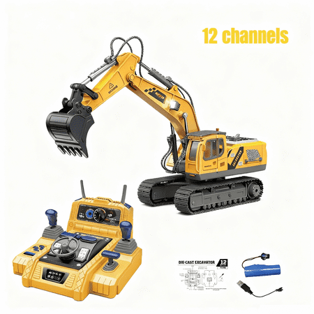 Remote Control Excavator for Kids, 12CH RC Construction Vehicles Toy Excavator with Sound & Lights for Grandkids Christmas Birthday Gifts(Small Size)