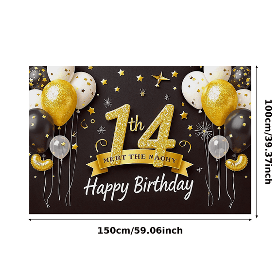 Glittery 14th Birthday Banner with Gold Elements Background Happy Birthday Party Supplies Photography Props Backdrop Decors