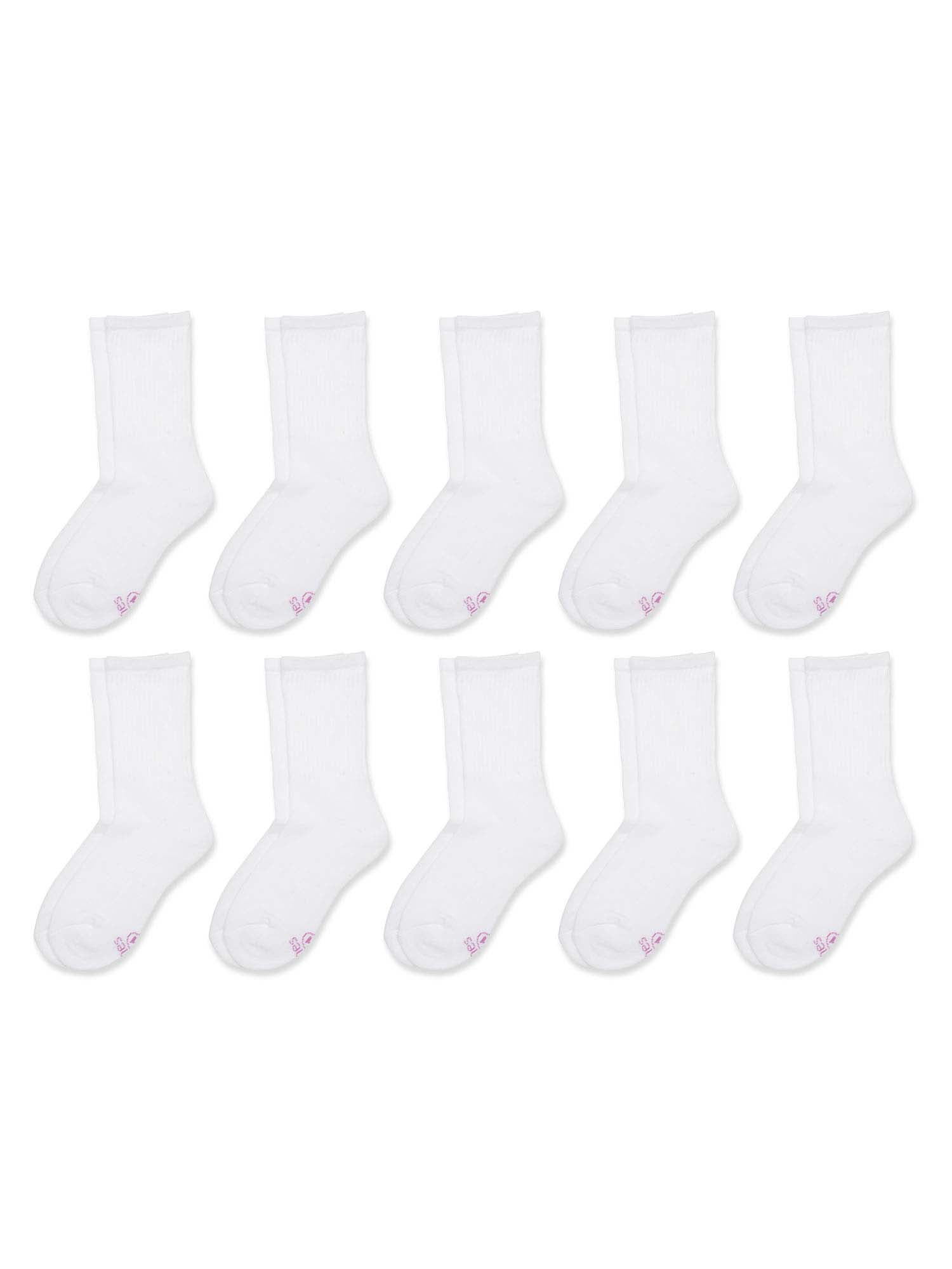 Hanes Girls' White Crew Sock, 10 Pack, Sizes SL