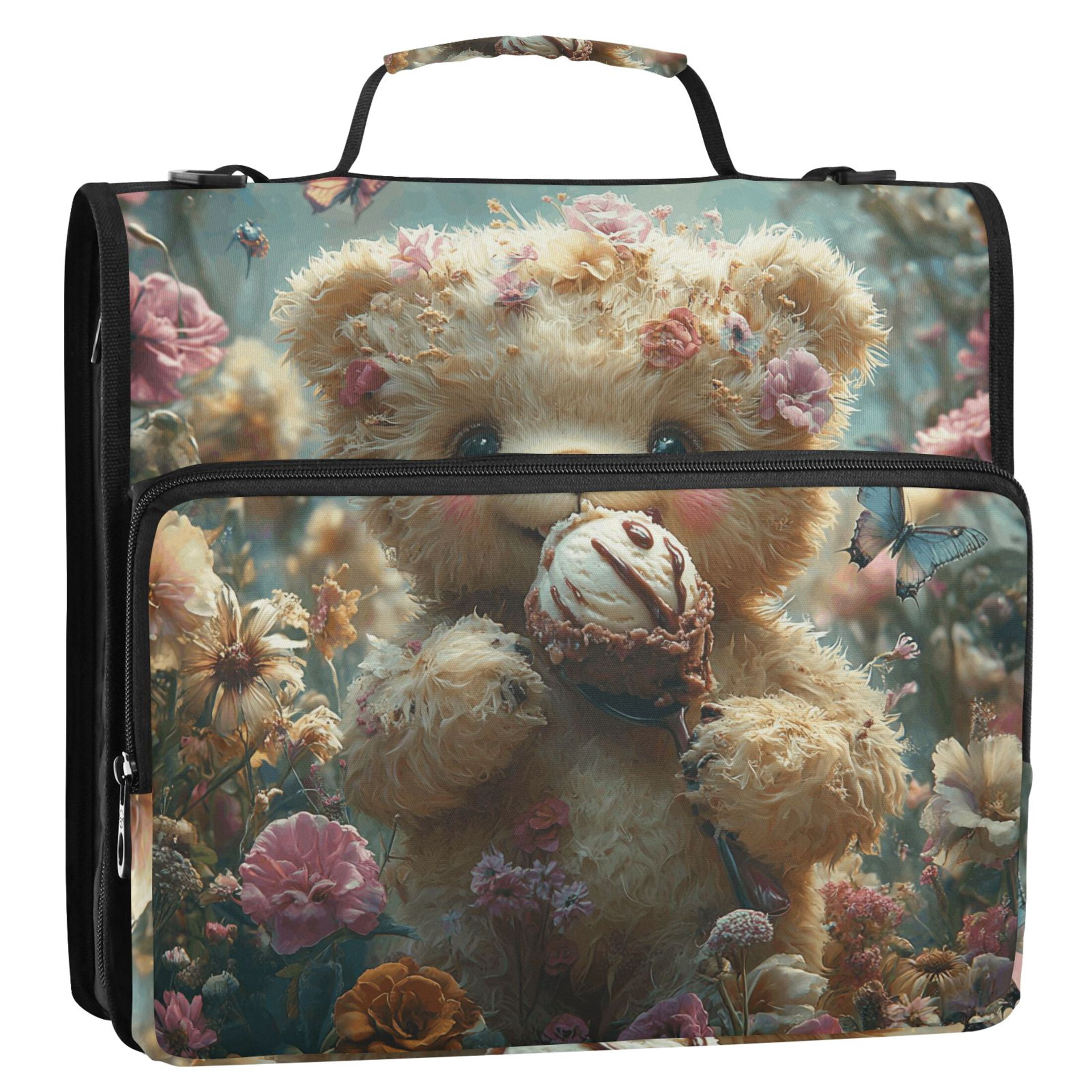 3 Ring Zipper Binder with Shoulder Strap Waterproof Trapper Keeper 2 Inch D-Ring 500 Sheets Capacity Cute Bear Eat Ice Cream