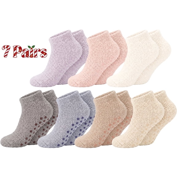 Loritta Secret 7 Pairs Fuzzy Socks for Women Winter Warm Womens Cozy Non Slip Socks with Grippers