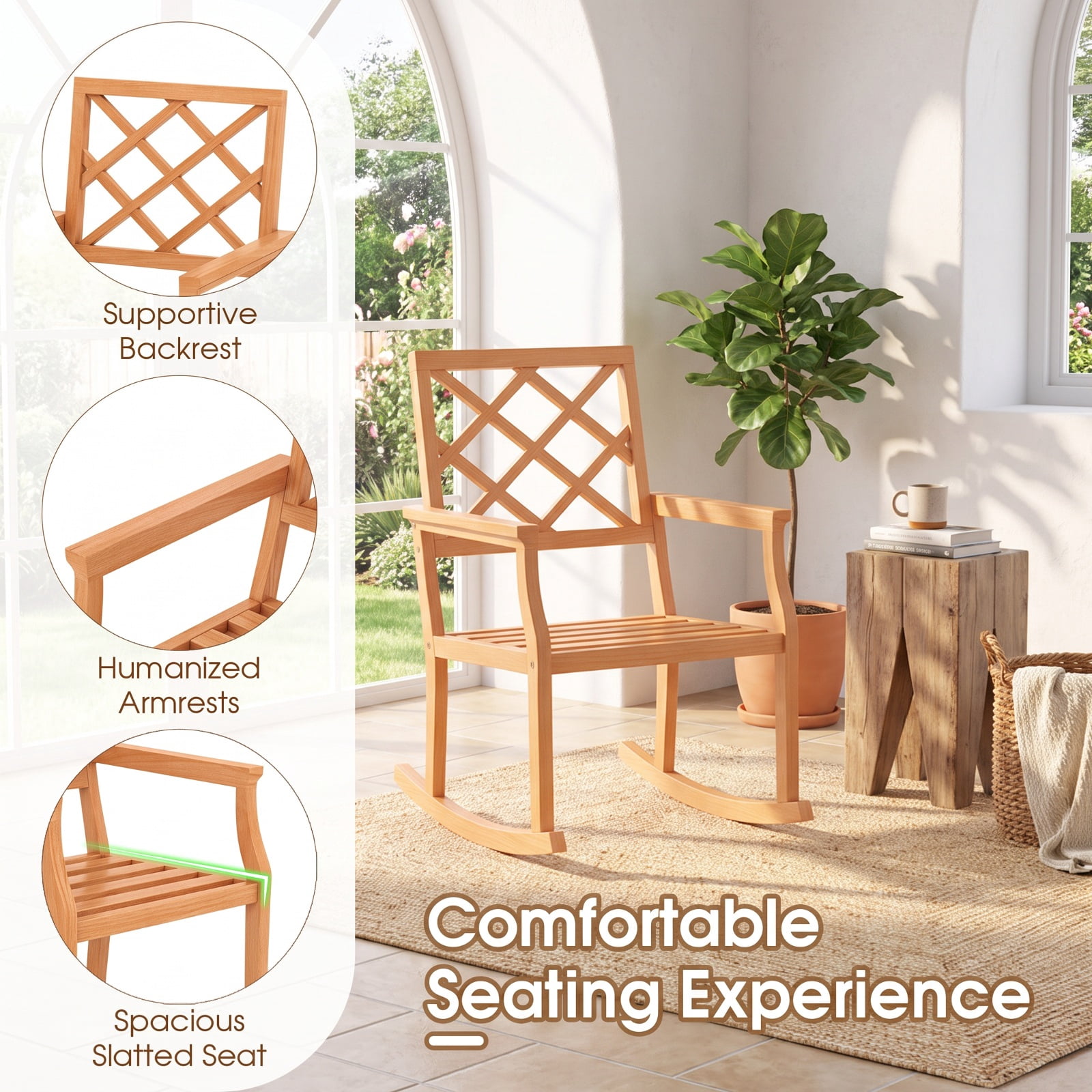Furnibear Outdoor Rocking Chair Solid Teak Wood for Patio Porch Poolside Brown 400 lbs Capacity Weather-Resistant Outdoor Furniture
