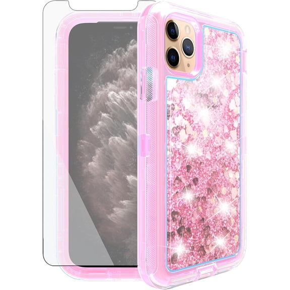 Phone Case for iPhone 11 Pro Max 6.5 with Screen Protector Bling Liquid Glitter Clear Hybrid Silicone Military Grade Protective Cell Cover iPhone11 11pro Promax i XI Plus Women Purple