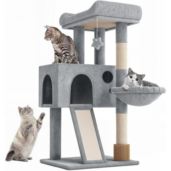 36-Inch Cat Tree Tower for Small and Medium Indoor Cats, Multi-Level Cat Furniture with Sisal Scratching Posts, Hammock, Condo & Scratching Board, Light Gray