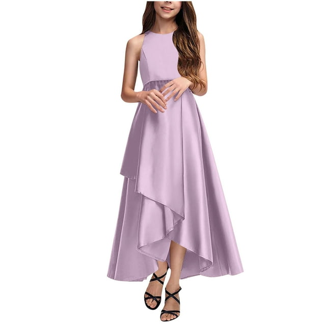 Bwiyojiz Tailles Mode 110-160 Robe de Performance Confortable Unie pour Filles Sans Manches à Col Rond Jupe Longue pour Enfants, Violet