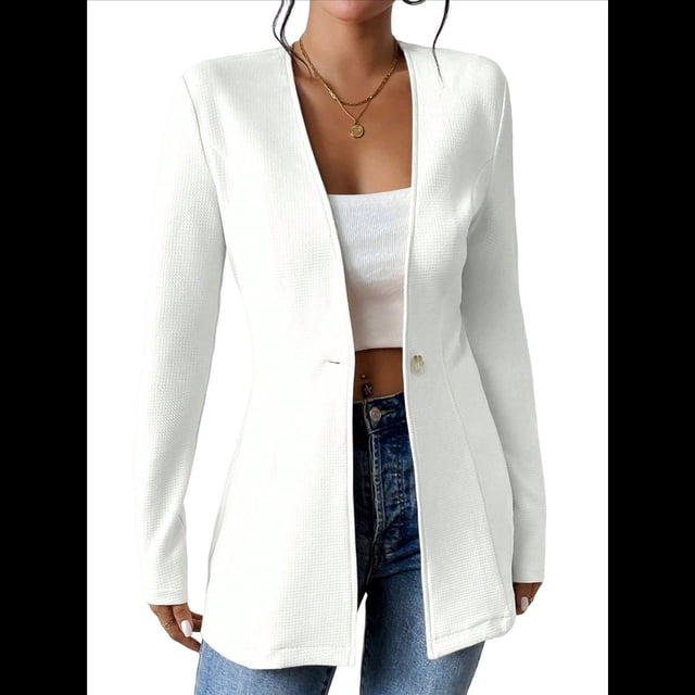 Chaqueta de Traje Informal de Oficina para Mujer, de Larga, con un Botón y Abertura Frontal, con Diseño de Gofre L