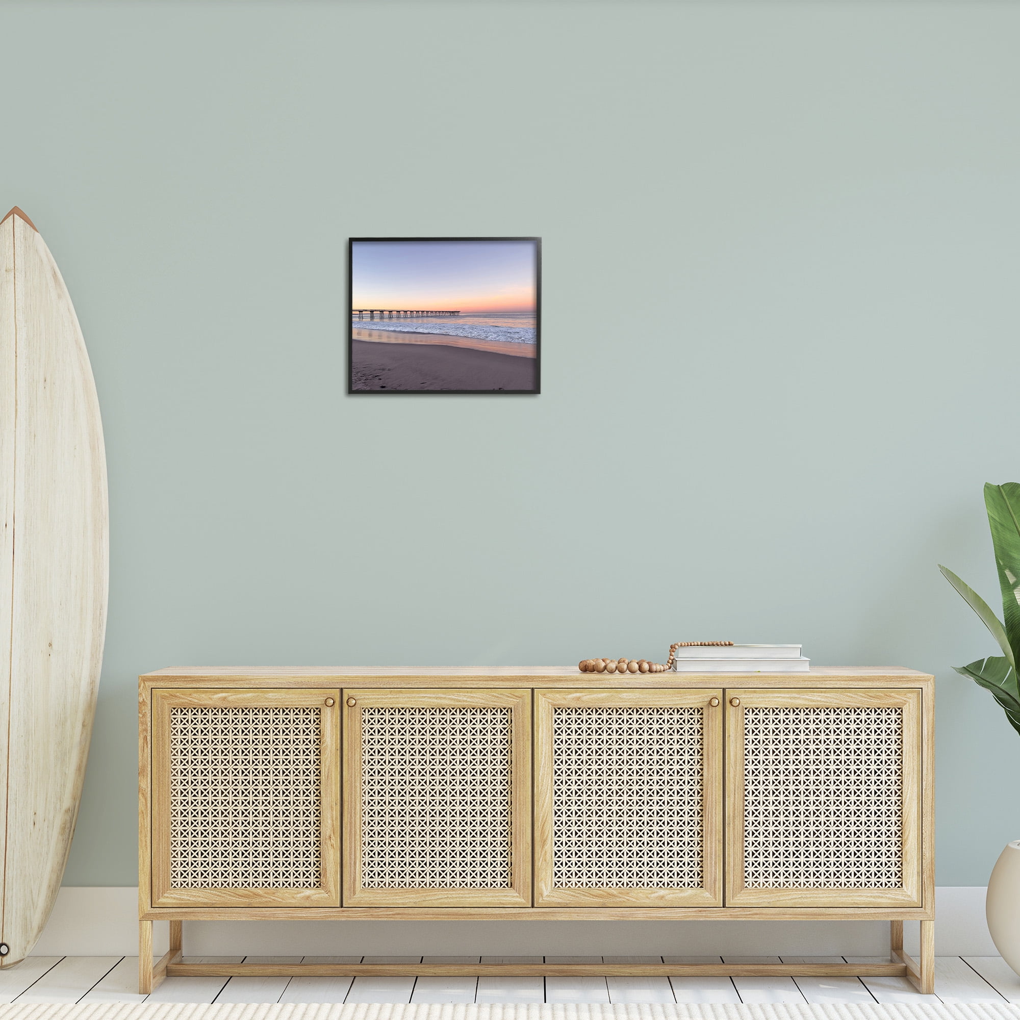 Stupell Industries Tropical Pier at Sunrise Landscape Photography Black Framed Art Print Wall Art, 20 x 16